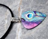 Peacock Two-Sided Guitar Pick Necklace on a Black Suede Cord