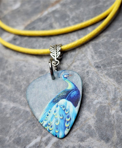 Peacock Two-Sided Guitar Pick Necklace on Yellow Rolled Cord