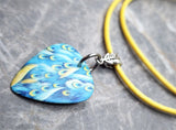 Peacock Two-Sided Guitar Pick Necklace on Yellow Rolled Cord