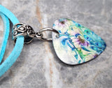 Peacock Two-Sided Guitar Pick Necklace on Light Blue Suede Cord