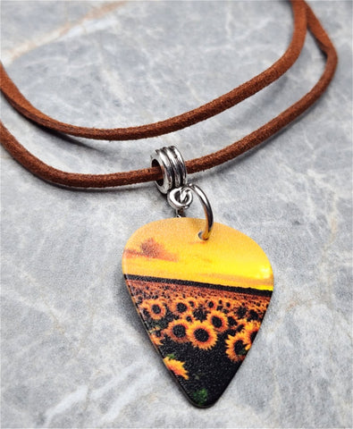 Field of Sunflowers Guitar Pick Necklace on Brown Suede Cord