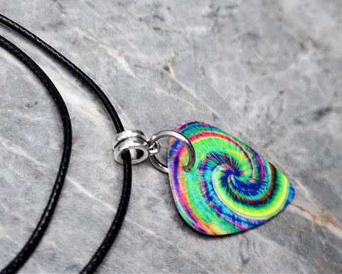 Tie Dye Swirl Guitar Pick Necklace on Black Rolled Cord