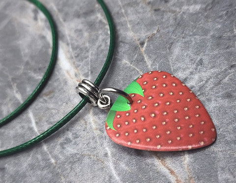 Strawberry Guitar Pick Necklace on Green Rolled Cord