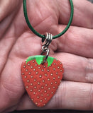 Strawberry Guitar Pick Necklace on Green Rolled Cord