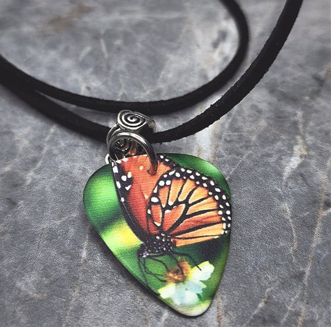 Monarch Butterfly Guitar Pick Necklace on Black Suede Cord