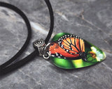 Monarch Butterfly Guitar Pick Necklace on Black Suede Cord