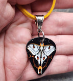 Celestial Lunar Moth Guitar Pick Necklace on Mustard Yellow Suede Cord