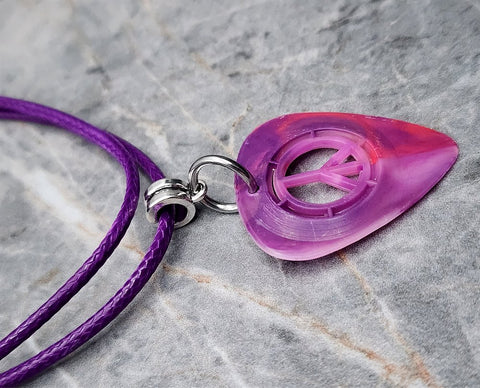 Peace Sign Cut Out Pink and Purple Guitar Pick Necklace with Purple Rolled Cord