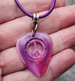 Peace Sign Cut Out Pink and Purple Guitar Pick Necklace with Purple Rolled Cord
