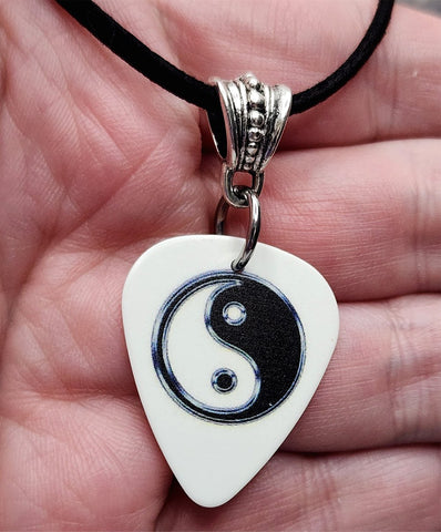 Yin and Yang White Guitar Pick Necklace on Black Suede Cord
