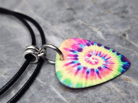 Tie Dye Bright Swirl Guitar Pick Necklace on Black Rolled Cord