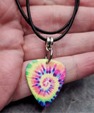 Tie Dye Bright Swirl Guitar Pick Necklace on Black Rolled Cord