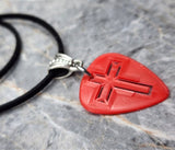 Cross Cut Out Red Guitar Pick Necklace on Black Suede Cord