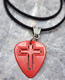 Cross Cut Out Red Guitar Pick Necklace on Black Suede Cord
