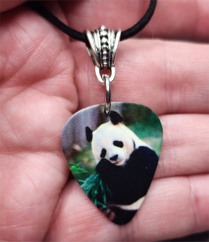 Panda Bear Guitar Pick Necklace with Black Suede Cord