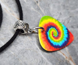 Tie Dye Swirl Guitar Pick Necklace on a Black Suede Cord