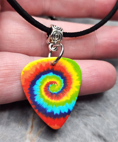 Tie Dye Swirl Guitar Pick Necklace on a Black Suede Cord