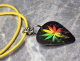 Rasta Colored Marijuana Leaf Guitar Pick Necklace on Yellow Rolled Cord