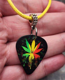 Rasta Colored Marijuana Leaf Guitar Pick Necklace on Yellow Rolled Cord