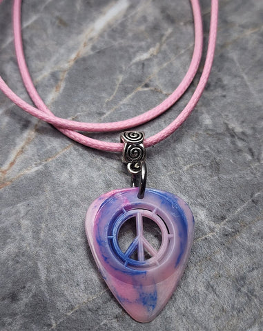 Peace Sign Cut Out Pink and Blue Guitar Pick Necklace with Pink Rolled Cord