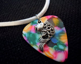 Fish Charm on a MultiColor Guitar Pick Necklace with White Suede Cord