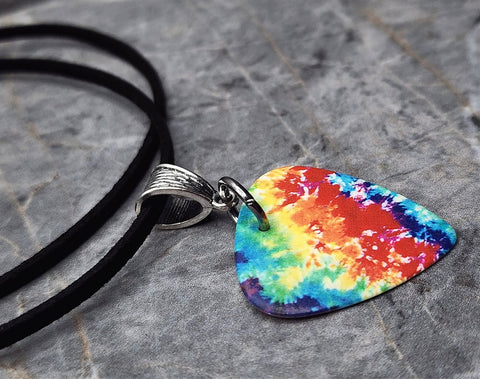 Tie Dye Guitar Pick Necklace on Black Suede Cord