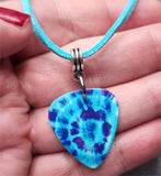 Shades of Blue Tie Dye Swirl Guitar Pick Necklace on Blue Suede Cord