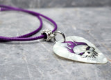 Skull with Purple Flame Hair on White MOP Guitar Pick Necklace with Purple Rolled Cord