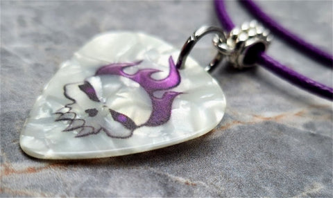 Skull with Purple Flame Hair on White MOP Guitar Pick Necklace with Purple Rolled Cord