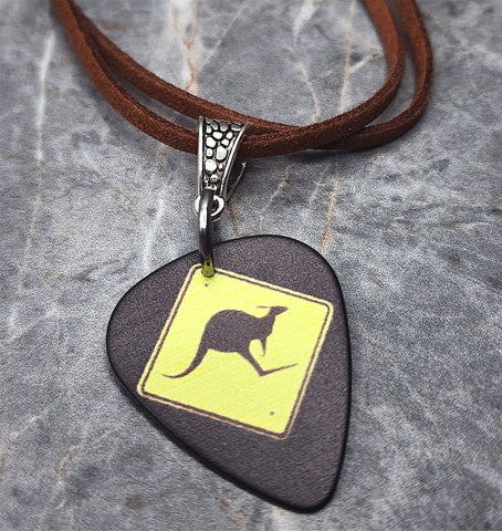 Kangaroo Crossing Guitar Pick Necklace with Brown Suede Cord