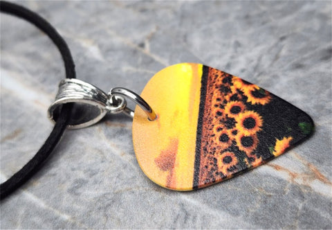 Field of Sunflowers Guitar Pick Necklace on Black Suede Cord