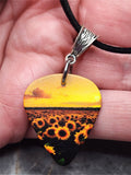 Field of Sunflowers Guitar Pick Necklace on Black Suede Cord