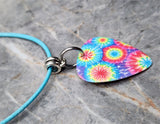 Fireworks Tie Dye Swirl Guitar Pick Necklace on Blue Rolled Cord