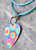Fireworks Tie Dye Swirl Guitar Pick Necklace on Blue Rolled Cord