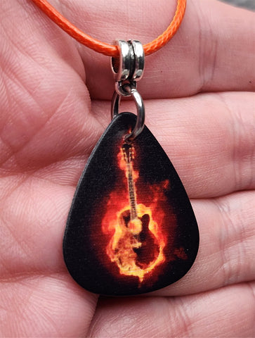 Acoustic Guitar in Flames Guitar Pick Necklace with Orange Rolled Cord