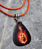 Acoustic Guitar in Flames Guitar Pick Necklace with Orange Rolled Cord