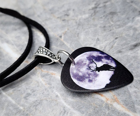 Buck in Front of a Full Moon Guitar Pick Necklace with Black Suede Cord