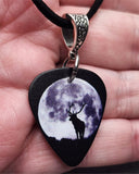 Buck in Front of a Full Moon Guitar Pick Necklace with Black Suede Cord