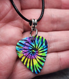 Tie Dye Swirl Guitar Pick Necklace on Black Rolled Cord