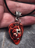 Dragon Wrapped Around a Skull Guitar Pick Necklace on Black Suede Cord