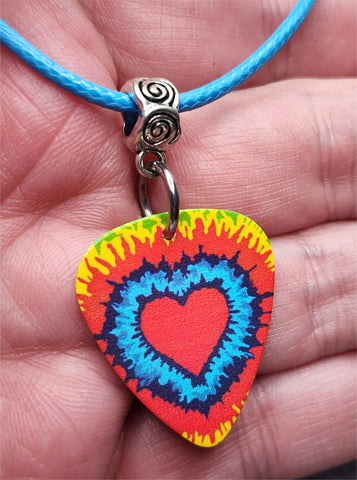 Tie Dye Heart Guitar Pick Necklace on Aqua Blue Rolled Cord