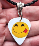 Tongue Out Emoji Guitar Pick Necklace with Black Braided Cord