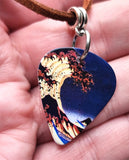 A Color Variation of The Great Wave Guitar Pick Necklace with Black Suede Cord