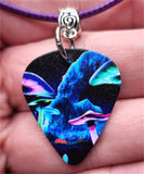 Psychedelic Mushroom Scene Guitar Pick Necklace with Purple Rolled Cord