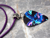 Psychedelic Mushroom Scene Guitar Pick Necklace with Purple Rolled Cord
