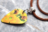 Van Gogh Sunflowers Guitar Pick Necklace on Brown Suede Cord