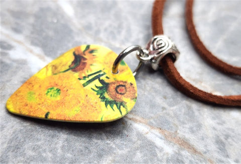 Van Gogh Sunflowers Guitar Pick Necklace on Brown Suede Cord
