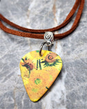 Van Gogh Sunflowers Guitar Pick Necklace on Brown Suede Cord