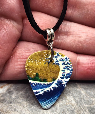 The Great Wave Varied Colors Guitar Pick Necklace on Black Suede Cord