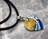 The Great Wave Varied Colors Guitar Pick Necklace on Black Suede Cord